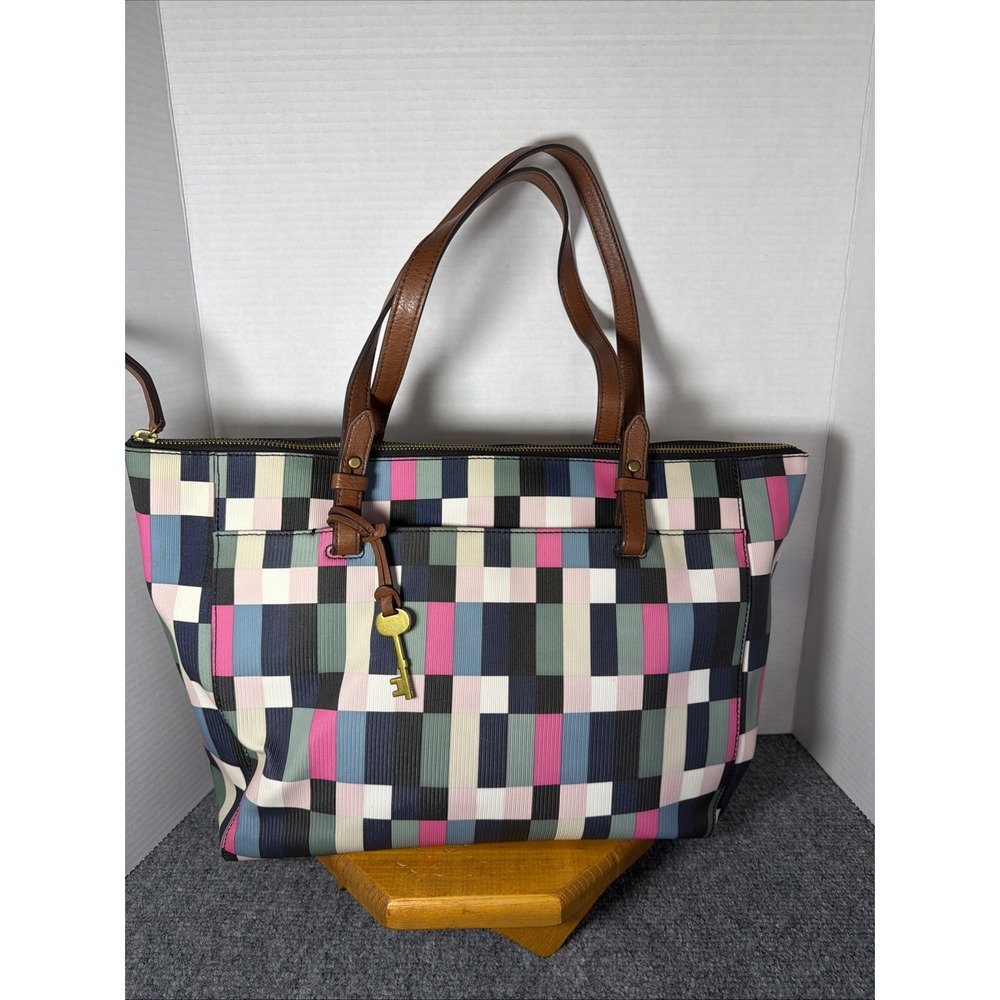 Fossil Multicolor Striped Tote Bag Vinyl Coated Canvas Shoulder Bag Brown Trim